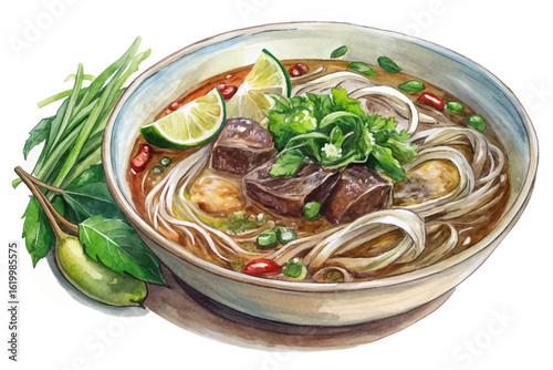 Vector banner of Vietnamese pho soup with beef, rice noodles, basil, sprouts, chili, and lime. Perfect for Asian cuisine menus and noodle soup branding