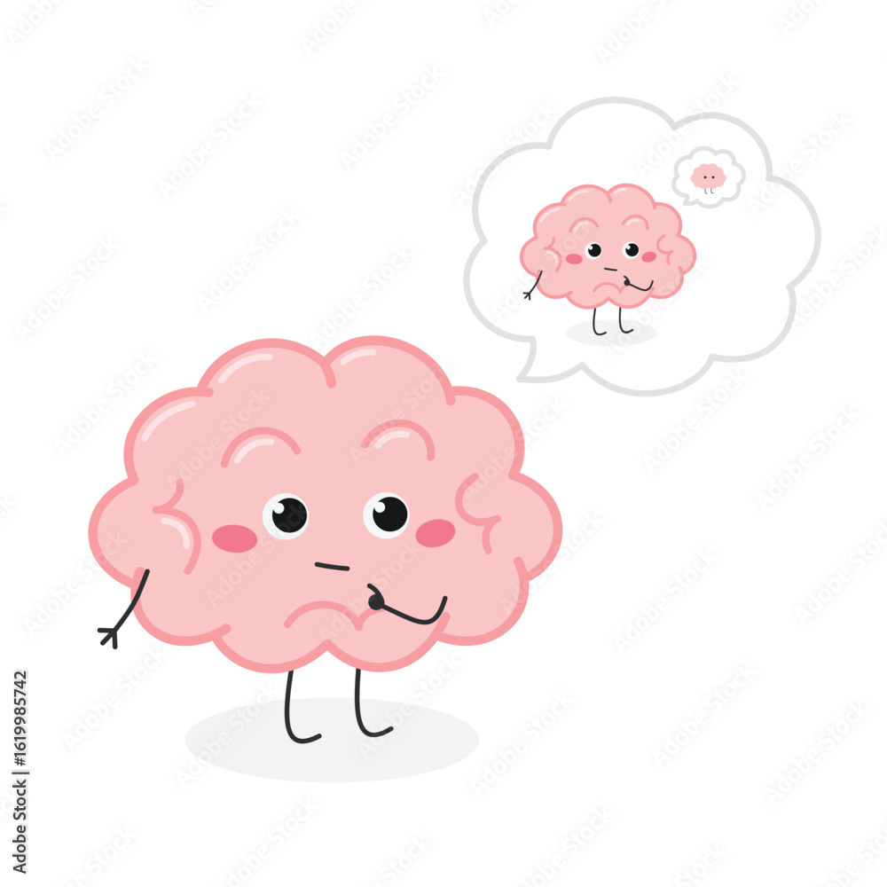 Naklejka premium Cute cartoon brain character with recursive think bubble