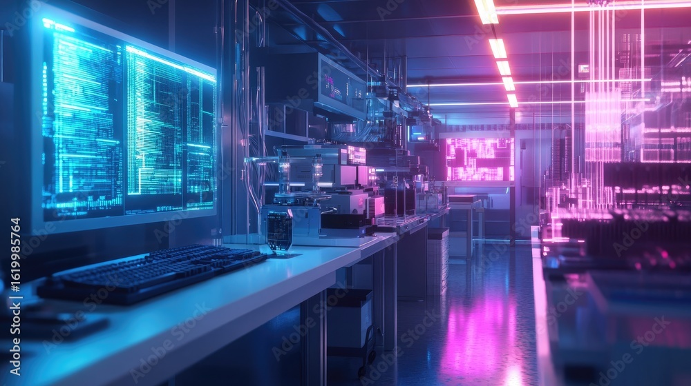 Fototapeta premium Neon-Lit Tech Lab: Futuristic Workspace with Advanced Computer Systems