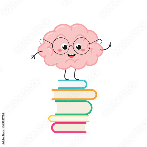 Funny nerdy cartoon brain character standing on books