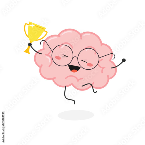Happy nerdy brain cartoon character with winner cup