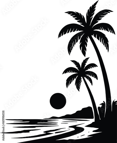 Athlete climbing tropical beach silhouette bold outline