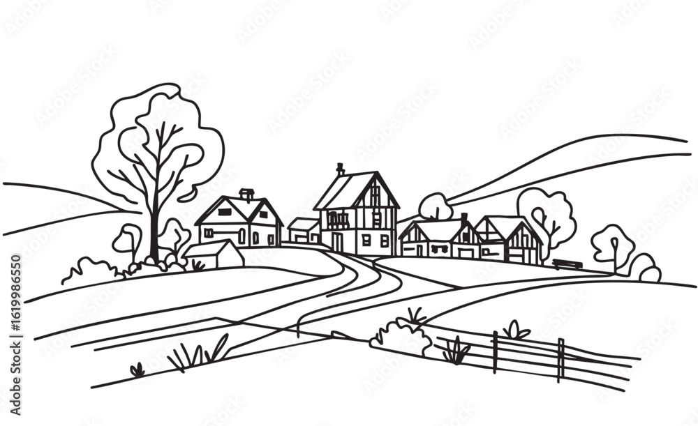 Fototapeta premium Hand drawn village houses sketch and nature, landscape