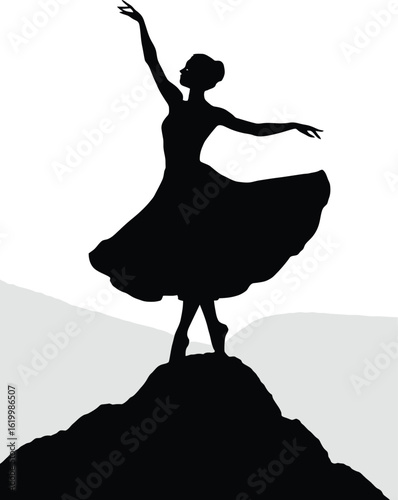 Elegant dancer silhouette on mountain peak with flowing skirt