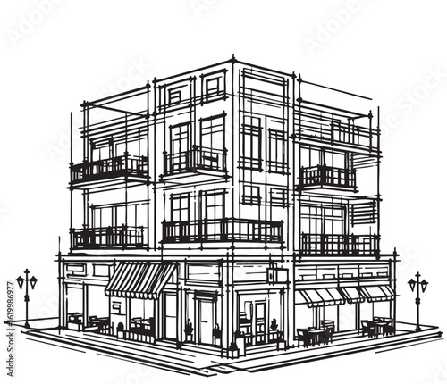 Commercial building doodles silhouette. Premises line vector illustration