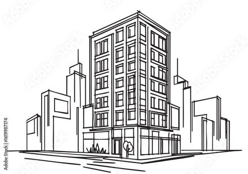 Commercial building doodles silhouette. Premises line vector illustration