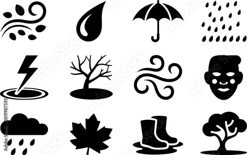 Black and white weather icons: rain, wind, storm, and autumn.