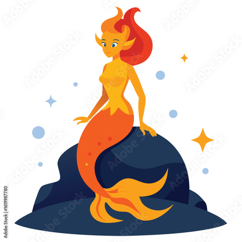 Glowing Orange Mermaid Sitting on Ocean Rock at Night with Sparkling Sea