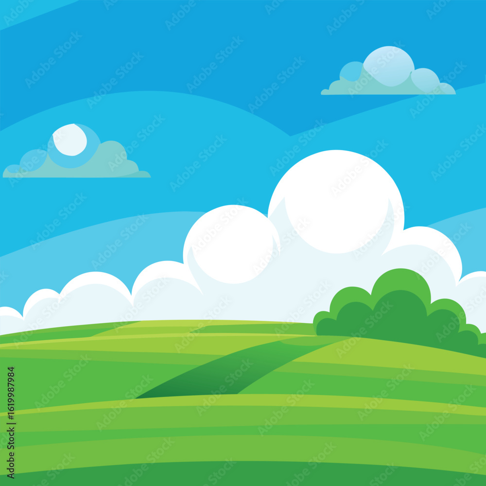 Green Field with White Cloud and Blue Sky in Peaceful Summer Landscape Vector Green Field with White Cloud and Blue Sky in Peaceful Summer Landscape Vector