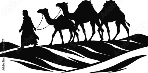 Camel caravan silhouette in sand dunes desert scene