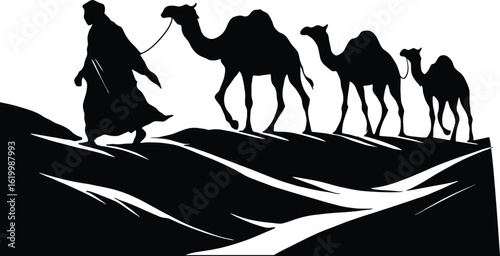 Camel caravan desert trek silhouette