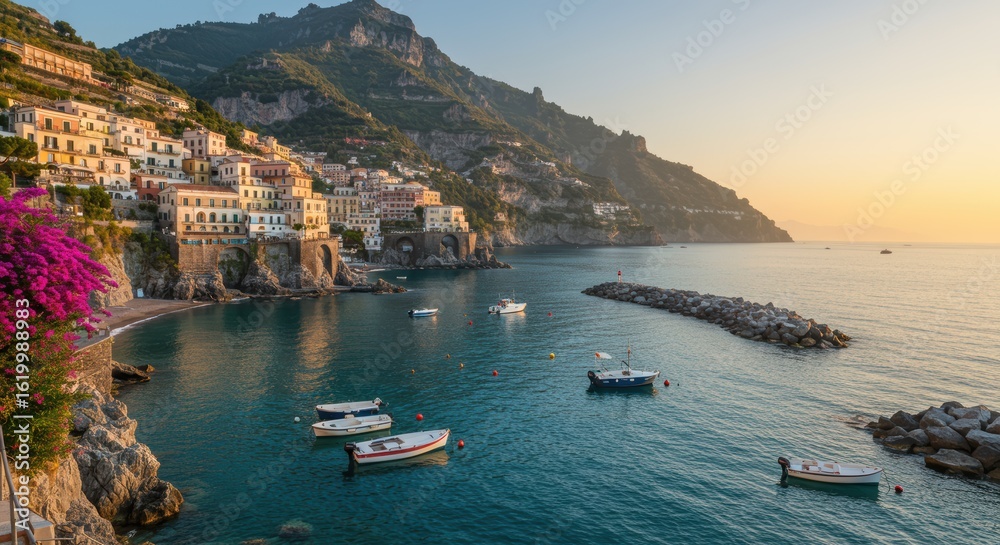 Fototapeta premium Stunning Amalfi Coast village bathed in golden hour light with calm turquoise waters