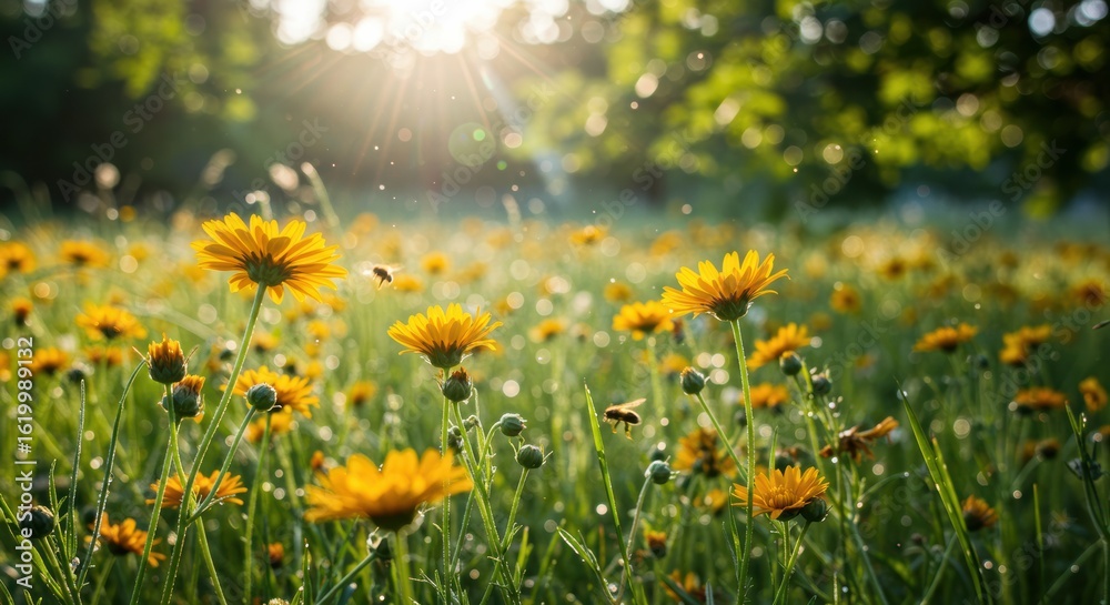 Fototapeta premium Sunlit meadow of yellow wildflowers with bees buzzing in warm morning light