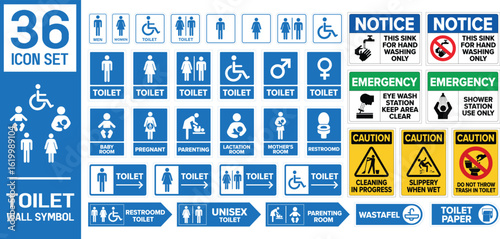 Set of restroom, toilet icon collection. Man and woman icon, restroom door pictogram, public toilet sign, female and male symbol.