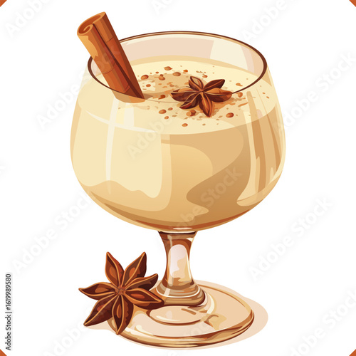 Glass of eggnog with cinnamon stick and star anise, festive holiday drink in vector style on white background. Vector illustration of traditional winter cocktail on white background