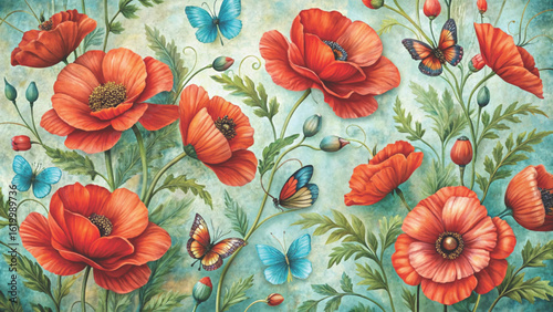 Vintage style fabric pattern with flowers and butterflies on the background 