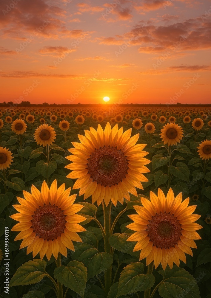 Fototapeta premium Sunflowers at sunset horizon