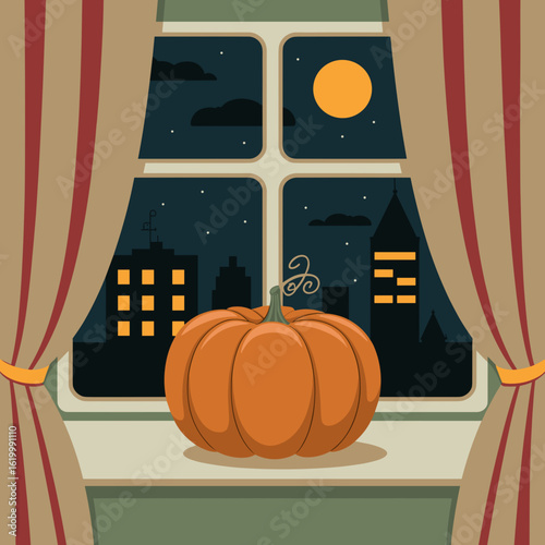 Pumpkin on windowsill at night with city skyline and moonlight  