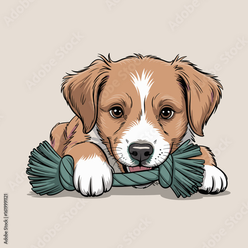 Puppy chewing on a rope toy with playful expression on beige background  