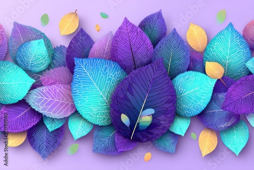 Colorful layered leaves in shades of purple, blue, and teal on a pastel purple background