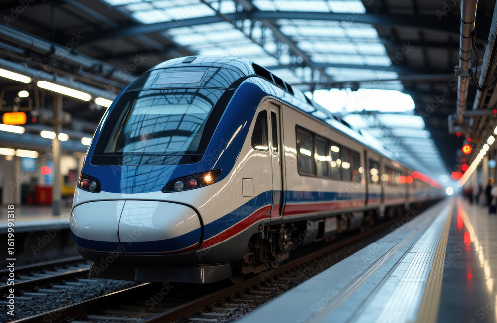 Fototapeta premium High-speed train arriving at modern station with glass roof and bright lighting