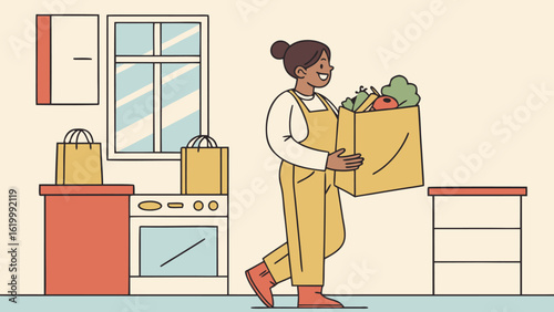 A woman in a yellow apron happily carries a grocery bag filled with fresh produce through her kitchen