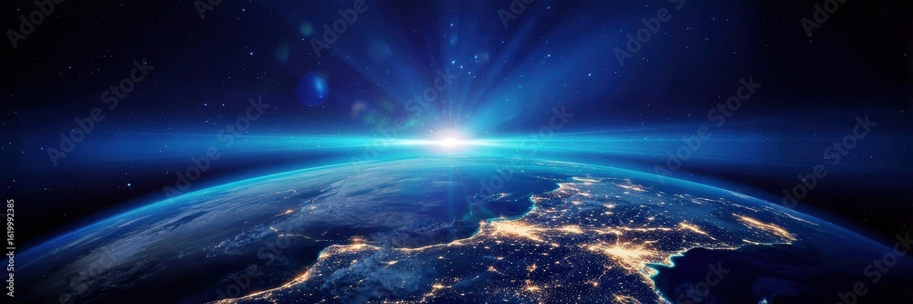 Fototapeta premium detailed earth at night from space, realistic night sky, bright aurora, glowing atmosphere, earth's landmasses and cities visible, dramatic lighting, cinematic, highly detailed 