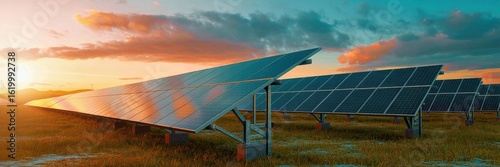 A vast array of solar panels bathed in the warm glow of a majestic sunset, set against a backdrop of rolling hills and a serene body of water, showcasing the power and beauty of renewable energy 