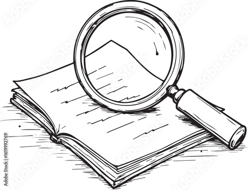 Magnifying the Details: A meticulous ink sketch portrays a magnifying glass hovering over an open book, emphasizing the pursuit of knowledge and the importance of scrutiny.