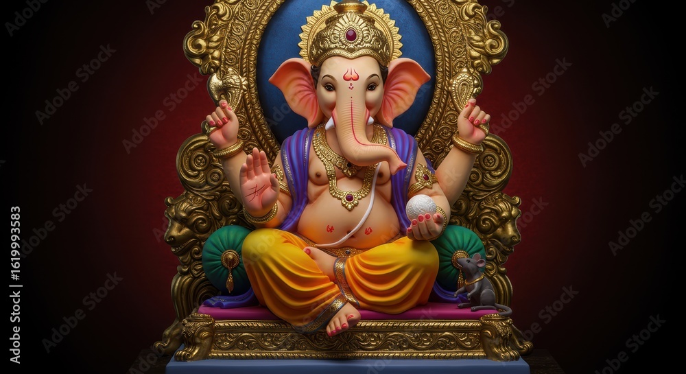 Obraz premium Majestic Ganesha seated on ornate throne, blessing devotees with divine grace and wisdom