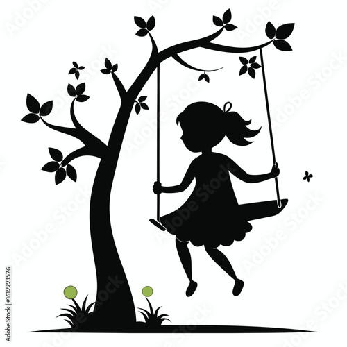Silhouette of a Girl on a Swing on White Background Minimal Vector Art