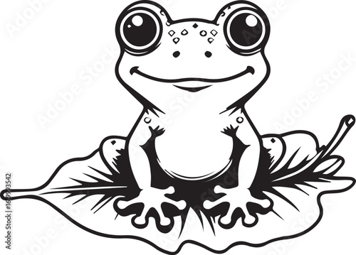 Smiling Frog on a Leaf: A charming monochrome illustration captures a smiling frog resting on a leaf, radiating a sense of playful tranquility.