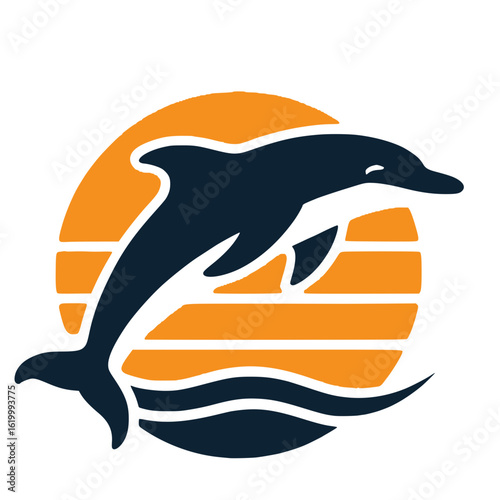 Dolphin Logo with Sunset and Ocean Waves, Graphic illustration of a dolphin jumping over blue waves with an orange sunset background, perfect for marine, beach, or travel branding.

