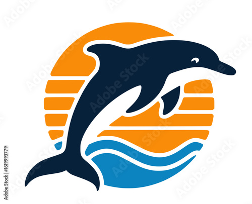 Dolphin Logo with Sunset and Ocean Waves, Graphic illustration of a dolphin jumping over blue waves with an orange sunset background, perfect for marine, beach, or travel branding.

