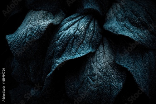 Close-up of textured, dark teal leaves