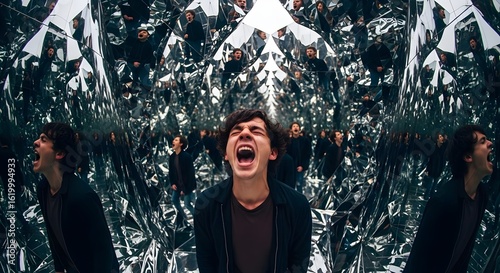Man screaming in a mirrored room, creating a disorienting effect of multiple reflections and echoing emotions.