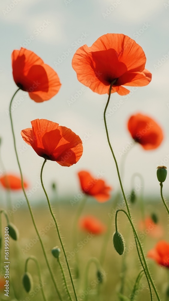 Naklejka premium Vibrant poppies under clear sky.