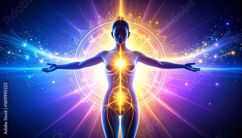 Radiant woman, energy aura, abstract design