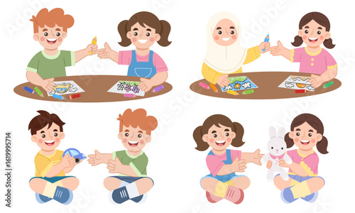 Illustration set of children sharing with each other