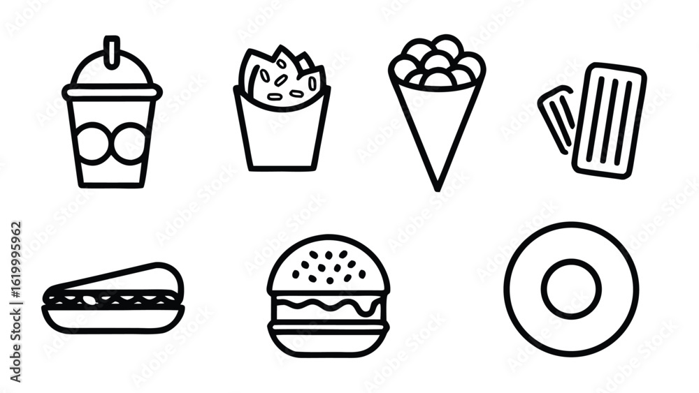 “Fast Food Line Art Set – Minimal Outline Vector Illustrations of Burgers, Pizza, Snacks, and Drinks Fast food, line art, outline icons, vector illustrations, minimal design, burger icon, pizza
“Fast Food Line Art Set – Minimal Outline Vector Illustrations of Burgers, Pizza, Snacks, and Drinks Fast food, line art, outline icons, vector illustrations, minimal design, burger icon, pizza
