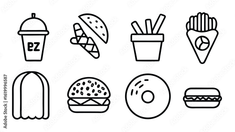 “Fast Food Line Art Set – Minimal Outline Vector Illustrations of Burgers, Pizza, Snacks, and Drinks Fast food, line art, outline icons, vector illustrations, minimal design, burger icon, pizza
“Fast Food Line Art Set – Minimal Outline Vector Illustrations of Burgers, Pizza, Snacks, and Drinks Fast food, line art, outline icons, vector illustrations, minimal design, burger icon, pizza