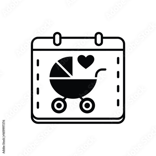 Baby due date calendar icon with stroller and heart
