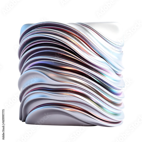 A square structure with layered silver waves and iridescent reflections on a black background created with generated ai