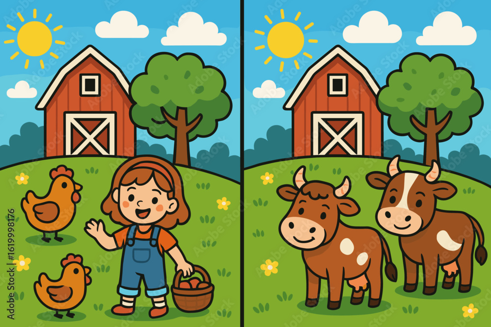 Naklejka premium Girl interacting with farm animals in a colorful cartoon illustration