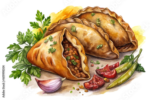 Vector banner of Argentinian empanadas with golden crust, savory beef filling, herbs, and spices. Ideal for traditional snack menus and pastry packaging design