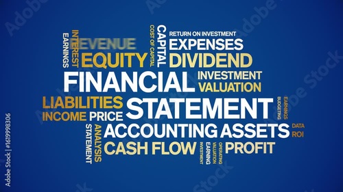 Financial Statement animated word cloud-text design animation tag kinetic typography seamless loop.