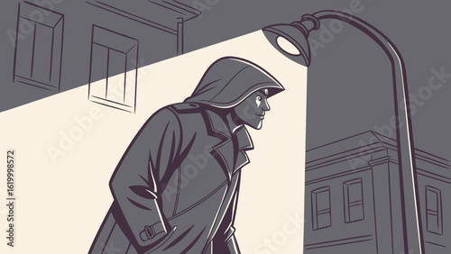 Mysterious hooded figure walks under a streetlamp at night casting a shadow on the building facade
