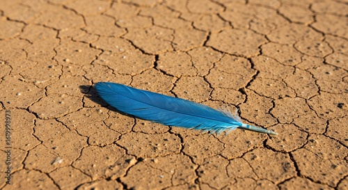 Striking blue feather rests delicately on cracked dry earth surface, symbolizing fragility and nature's resilience.