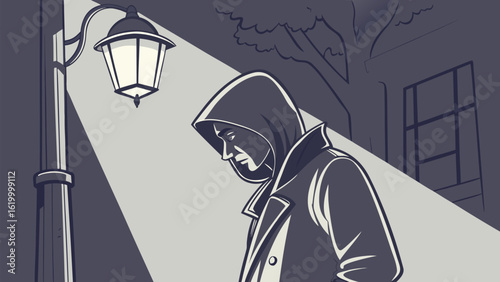 A lone figure in a hooded coat stands under a streetlamp at night casting a shadow on the pavement evoking a sense of mystery and introspection