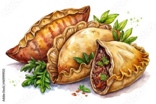 Vector banner of Argentinian empanadas with golden crust, savory beef filling, herbs, and spices. Ideal for traditional snack menus and pastry packaging design